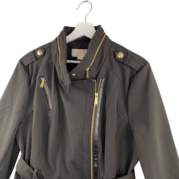 MICHAEL KORS Jacket Womens Extra Large Asymmetrical Black Trench Coat Lined Hood - Picture 3 of 16